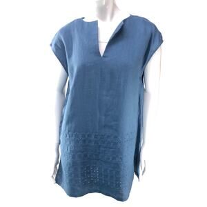 Lafayette 148 Size M Fabian Embroidered Tunic Dusty Blue Eyelet Detail Split Hem